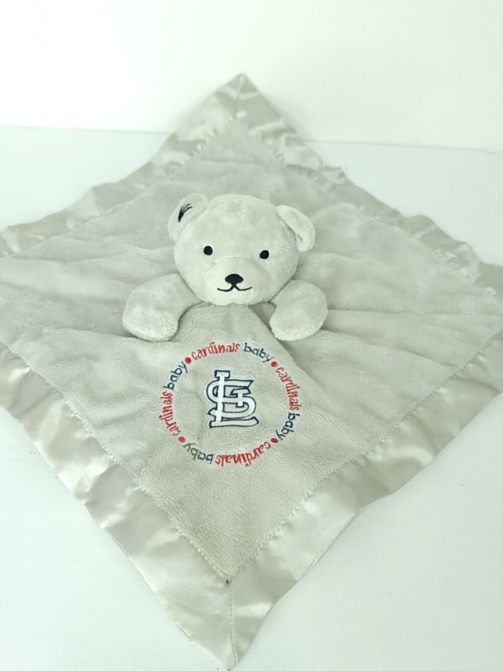 STL Cardinals Baby Lovey Plush Security Bear Blanket MLB 13 x 13 inch Grey Satin